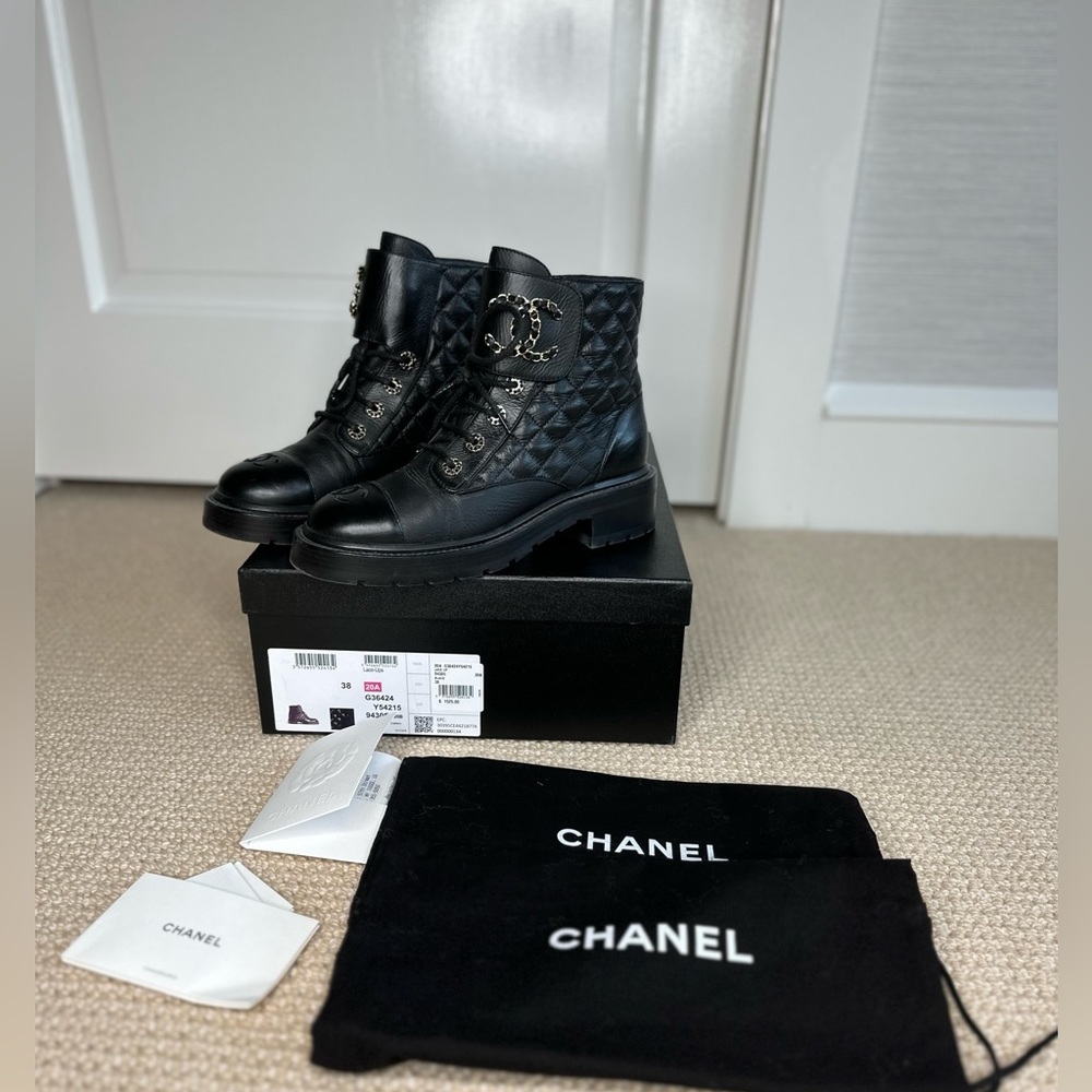 Authentic Chanel Black Womens Combat Boots Size 38 (=8)